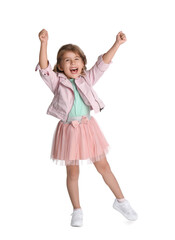 Full length portrait of emotional little girl on white background