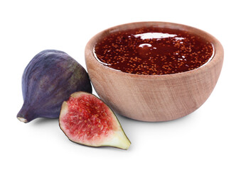 Homemade delicious fig jam and fresh fruits on white background
