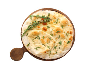 Traditional Italian focaccia bread with rosemary isolated on white, top view