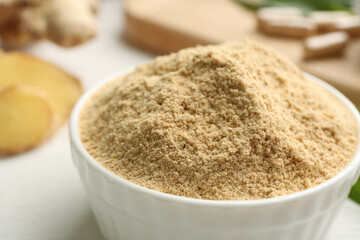 Dry powdered ginger in bowl, closeup view