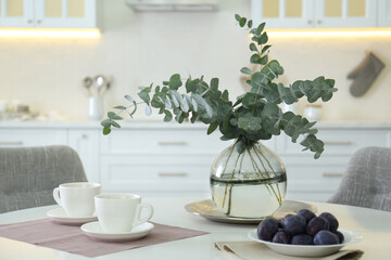 Beautiful eucalyptus branches,  cups of drink and fresh plums on white table in kitchen. Interior element © New Africa