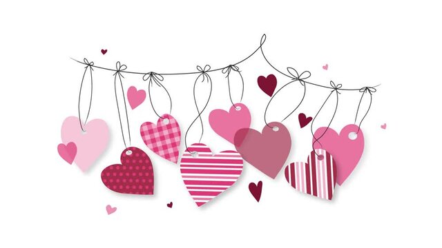 Valentine's Day hanging hearts illustrated animation. Whimsical, red and pink swaying hearts isolated on white. Love, romance, anniversary, marriage, engagement, holiday, seasonal.