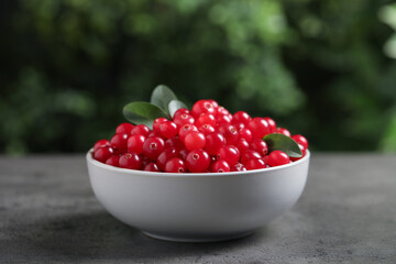 Ripe fresh cranberry in ceramic bowl on grey table