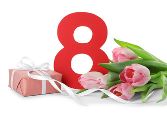8 March card design with tulips and gift on white background. International Women's Day