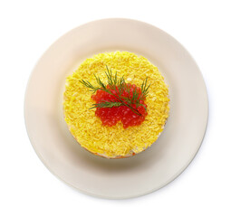 Traditional russian salad Mimosa on white background, top view