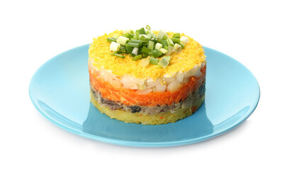 Traditional russian salad Mimosa on white background