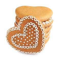 Tasty heart shaped gingerbread cookies isolated on white