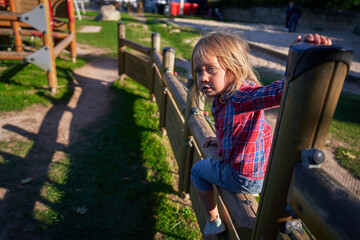 Fototapeta na wymiar Preschooler climbing equipment at the park in autumn