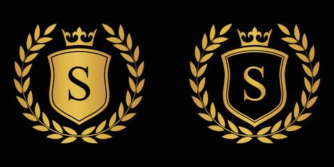  Letter S golden laurel wreath template logo Luxury shield letter with crown. Monogram alphabet . Beautiful royal initials letter.