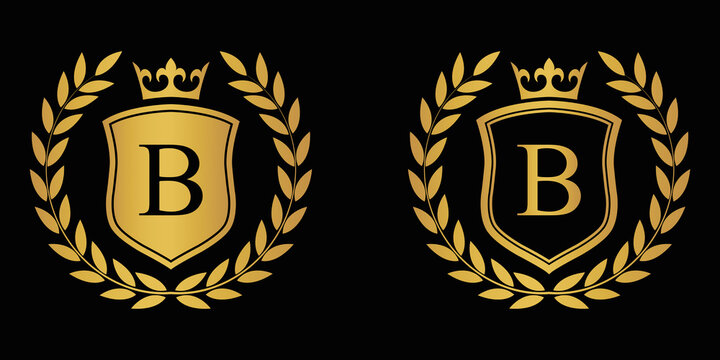  Letter B golden laurel wreath template logo Luxury shield letter with crown. Monogram alphabet . Beautiful royal initials letter.