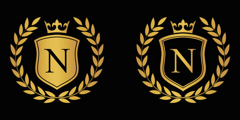  Letter N golden laurel wreath template logo Luxury shield letter with crown. Monogram alphabet . Beautiful royal initials letter.