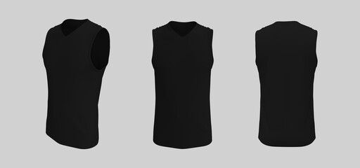 Blank v-neck sleeveless t-shirt mockup in front, side and back views, design presentation for print, 3d illustration, 3d rendering