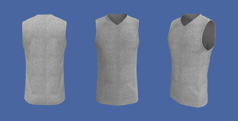 Blank v-neck sleeveless t-shirt mockup in front, side and back views, design presentation for print, 3d illustration, 3d rendering