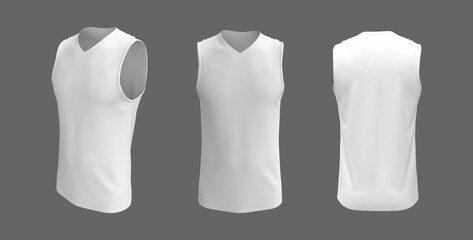 Blank v-neck sleeveless t-shirt mockup in front, side and back views, design presentation for print, 3d illustration, 3d rendering