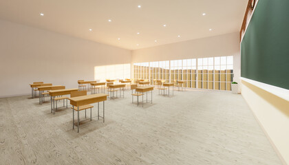 Classroom background. Room interior in school, college or university and furniture, desk, table, wood floor, window light. For teacher, student to teach, learn, seminar, meeting, training. 3d render.