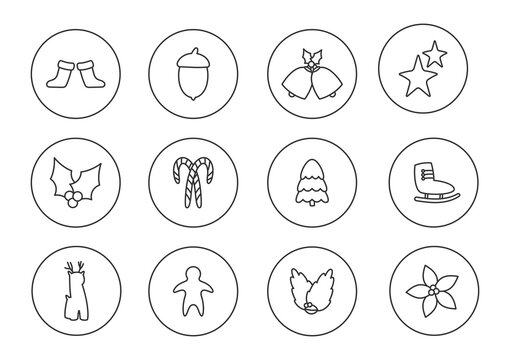 Christmas black line icons set. Contour symbols of winter holidays sock, star, christmas tree, bells. Button xmas logo, web signs, pictograms package. Templates isolated on white vector illustration