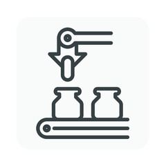 Pharmaceutical and supplement manufacturing industry vector icon. Consist of robot or automated machine filling capsule of drug or medical product in bottle packaging on conveyor and production line.