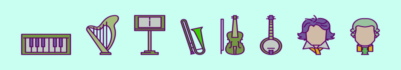 set of classical music cartoon icon design templates with various models. vector illustration isolated on blue background