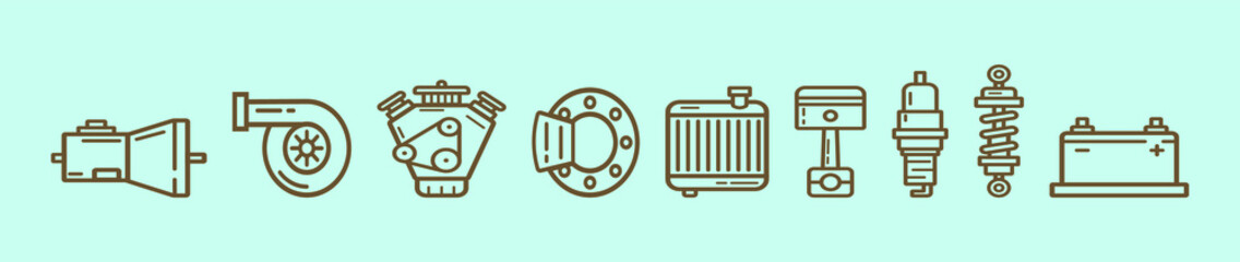 set of automotive parts cartoon icon design templates with various models. vector illustration isolated on blue background