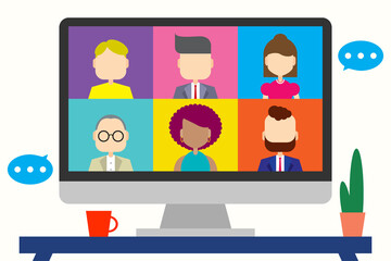 リモートワークやオンライン会議、在宅勤務、テレワークのイラスト Remote work telework through online meeting webinar 