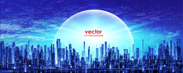 Urban cityscape at night. Skyline city silhouettes. City background with architecture, skyscrapers, megapolis, buildings, downtown.