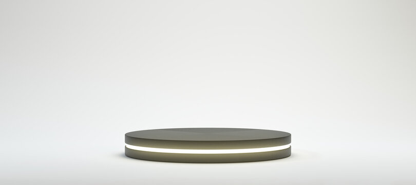 circular black pedestal with build in light in front of white background