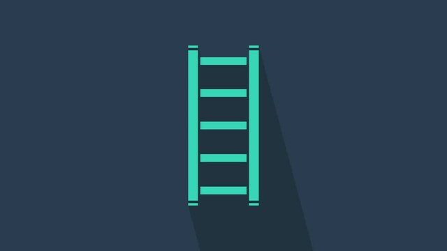 Turquoise Fire escape icon isolated on blue background. Pompier ladder. Fireman scaling ladder with a pole. 4K Video motion graphic animation.