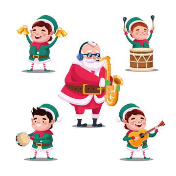 happy merry christmas bundle of santa and elfs playing instruments