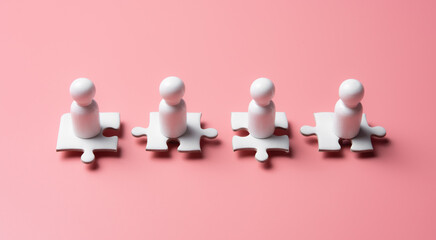 People figures on puzzles on pink background,human resources and management concept