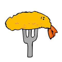 フォークに刺さったエビフライ　キャラクター　デフォルメ