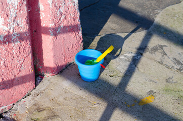 Kids toys. Sand molds. Plastic spatula. Plastic bucket.