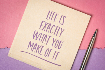 life is exactly what you make of it - inspirational note on napkin, life design and personal development concept
