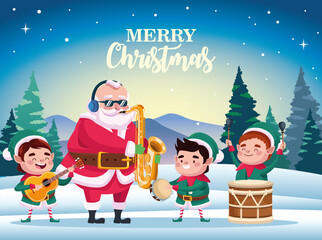 cute santa claus and helpers playing instruments scene
