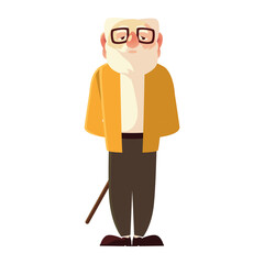 old man with walk cane and glasses, grandfather cartoon character senior