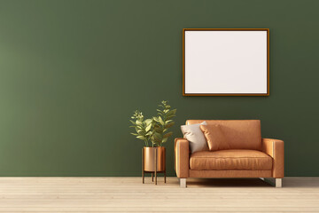 3d rendering of mock up Interior design for living room on green wall