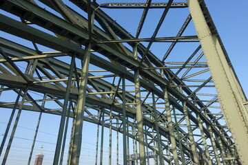 Railway Hohenzollern arch bridge over Rhine river in Cologne, Germany. Suspended deck bridge.