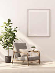 3d rendering of mock up Interior design for living room with picture frame on white wall