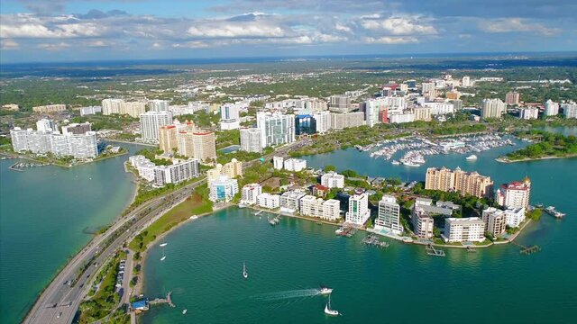 Aerial view of Downtown Sarasota waterfront and John Ringling Causeway