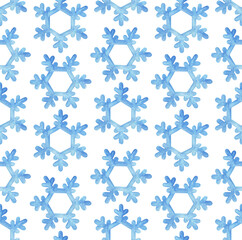 Seamless repeatable pattern with light blue decorative snowflakes. Handdrawn water color artistic paint. Beautiful background for design, winter print, banner, poster, scrapbooking, event invitation.