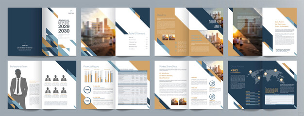 Corporate business presentation guide brochure template, Annual report, 16 page minimalist flat geometric business brochure design template, A4 size.