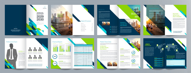 Corporate business presentation guide brochure template, Annual report, 16 page minimalist flat geometric business brochure design template, A4 size.