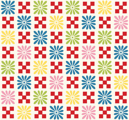 Japanese Colorful Flower Plaid Vector Seamless Pattern