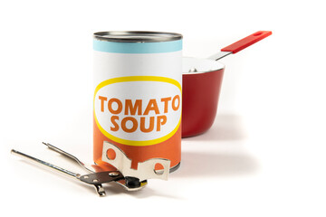 A generic labelled food can of tomato soup with a simple hand can opener and a cooking pot isolated...