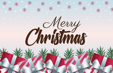 happy merry christmas lettering card with gifts presents