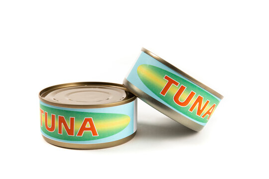 Two generic labelled food cans of tuna fish isolated on white