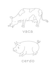 outline drawing of two common animals a cow and a pig and their names written in spanish. coloring page