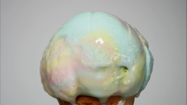 Time Lapse Closeup Ice cream cone Rainbow colorful on white background.