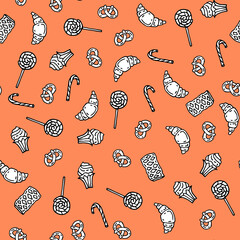 Sweets in the doodle style. Seamless pattern, orange background, cookies, marshmallows, cupcakes, puffs, lozenges, bagels