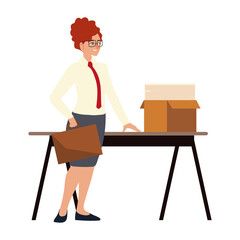 business woman with briefcase papers in box on desk working