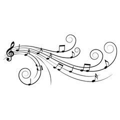 Music notes, ornamental musical element with swirls, vector illustration.